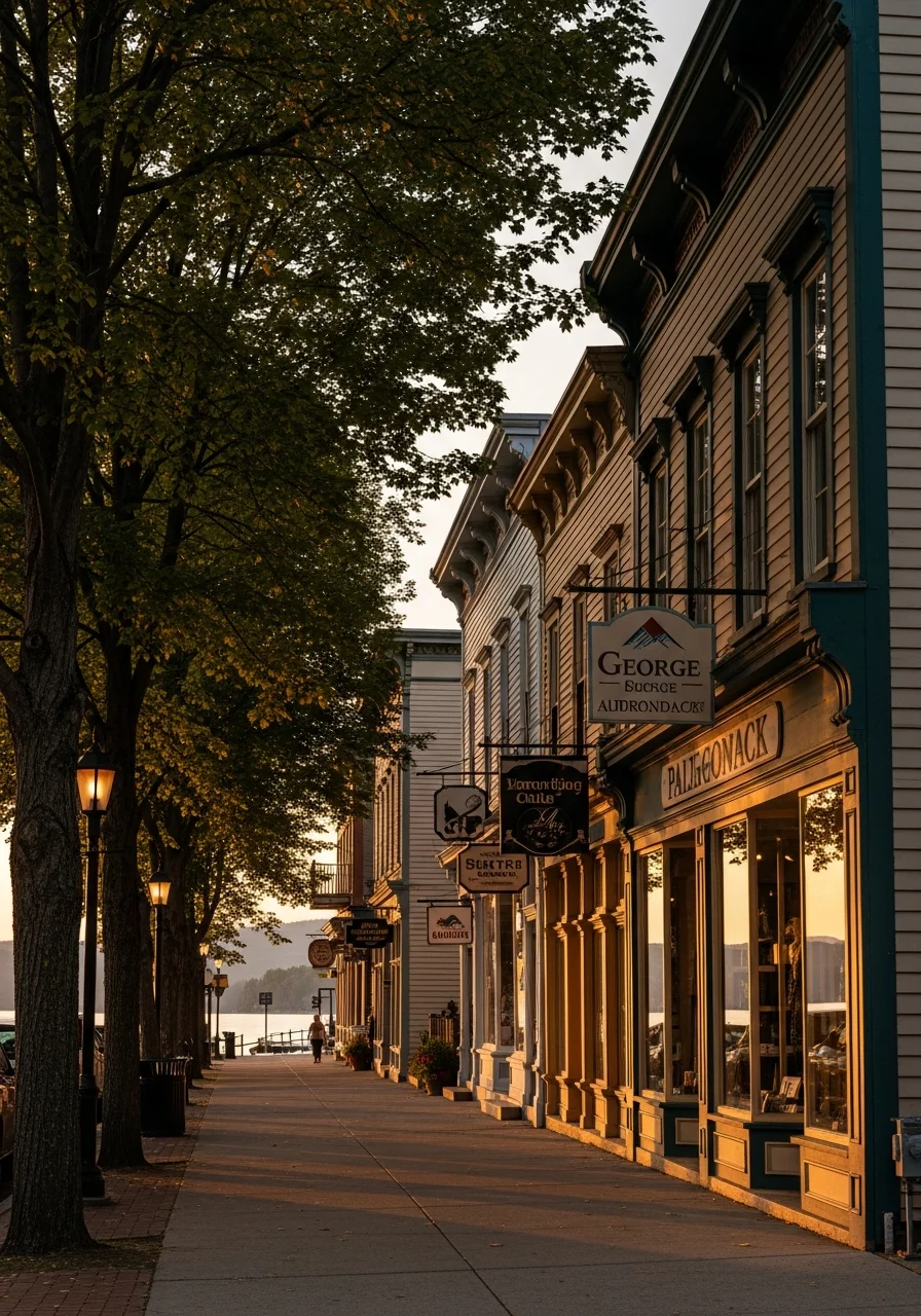 Historic Lake George village with lakeside buildings and tree-lined streets
