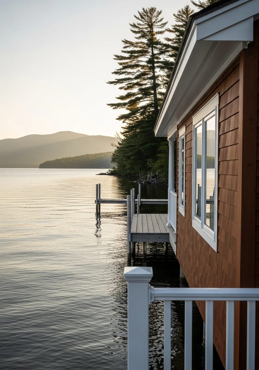 Mountain lake view with Adirondack peaks and waterfront homes in morning light