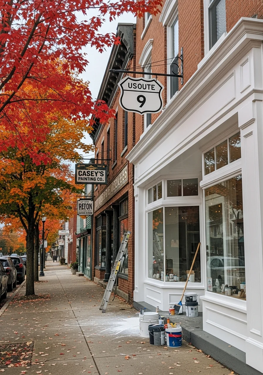 Charming downtown Schroon Lake storefronts along US Route 9 with autumn foliage