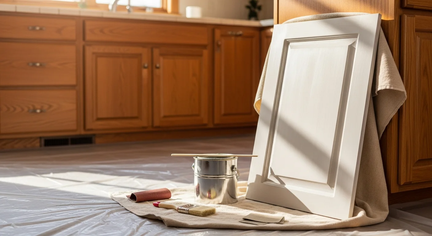 Freshly painted white kitchen cabinets in a Saratoga, NY home, showing clean brush lines on wood frames and flat-panel doors. Casey's Painting Co Inc cabinet painting project in Saratoga, NY.