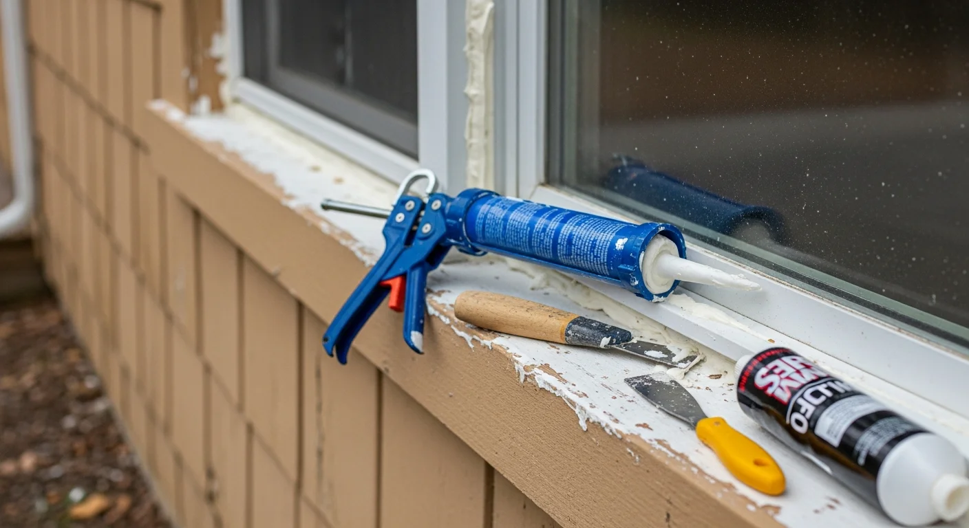 Caulking being applied around a window frame on a Saratoga, NY home to seal gaps and prevent moisture intrusion.