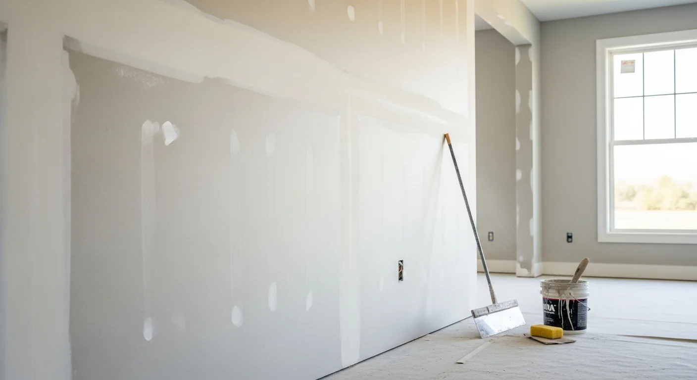 Smooth drywall finishing in progress in a Saratoga, NY home, showing a flat, paint-ready wall surface.