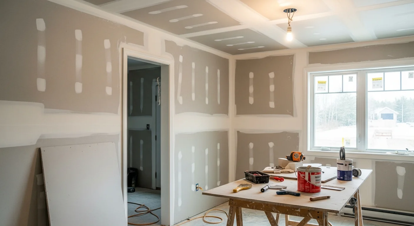 Drywall installation in progress in a Saratoga, NY home, showing panels hung on wall framing ready for finishing.
