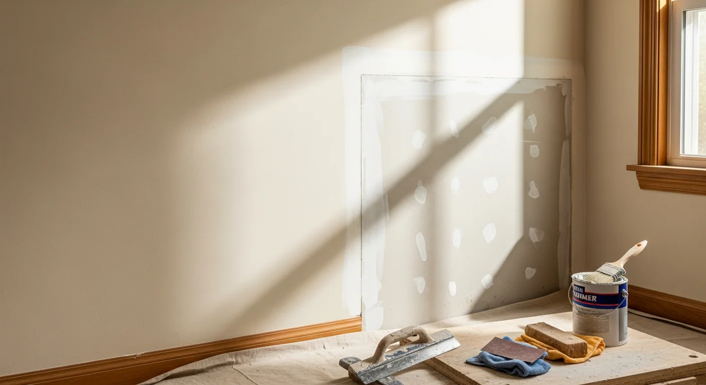 Drywall patching in progress in a Saratoga, NY home, showing a repaired wall section ready for finishing and paint.