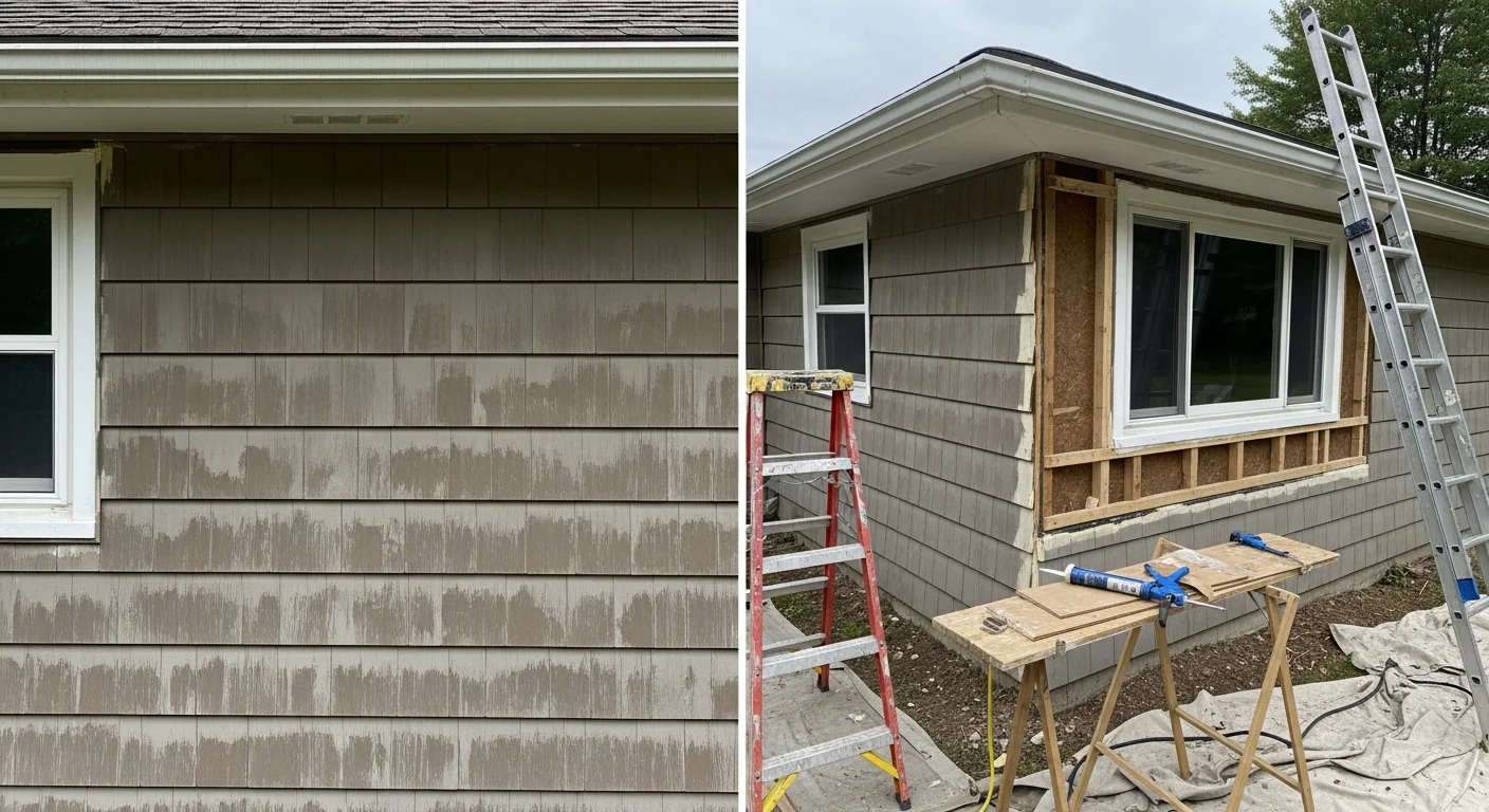 A Saratoga single-family home exterior showing repaired wood trim and fresh caulking around a window frame. The surrounding siding is clean and solid, with no visible cracking or separation.