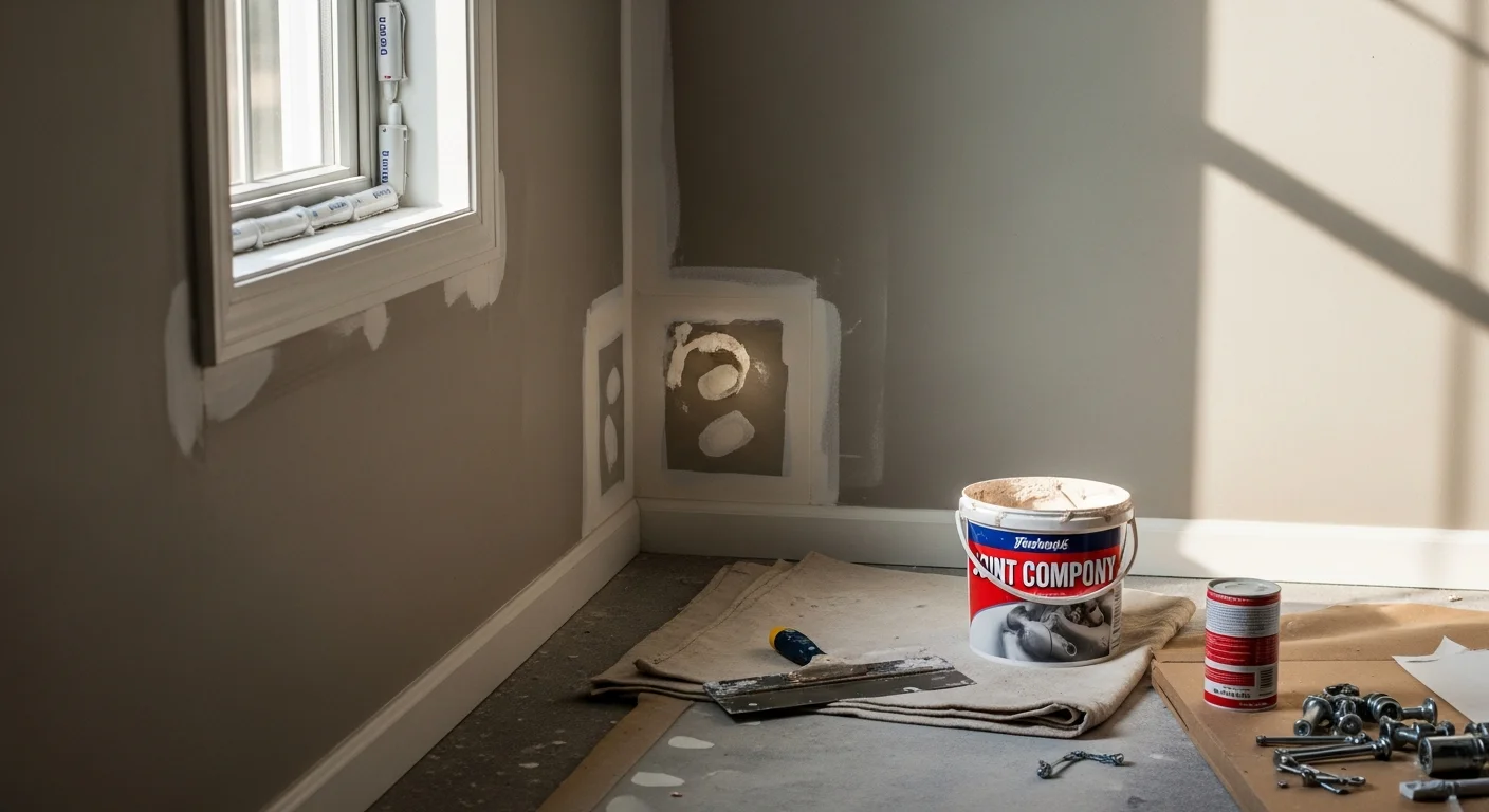 A handyman from Casey's Painting Co Inc patching a drywall section inside a single-family home in Saratoga, California. The repaired wall surface is smooth and ready for paint, with tools and drop cloth visible on the floor nearby.