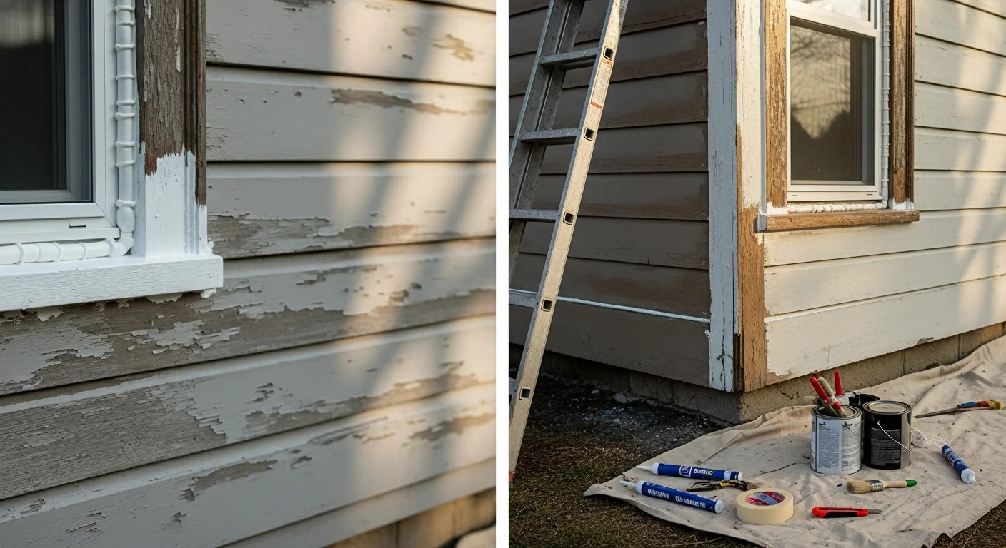 A Saratoga single-family home with freshly painted exterior trim and a repaired wood fence along the property line. A handyman from Casey's Painting Co Inc applies caulk to a weathered window frame on the home's exterior.